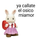 A Sylvanian Families rabbit toy standing with text in Spanish that says ya callate el osico miamor.