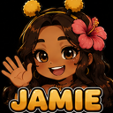 A smiling anime girl with long dark hair and a pink hibiscus flower waving her hand with the name Jamie written below her.