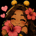 A cute girl with dark hair and yellow pom-poms hugging a large pink hibiscus flower with pink hearts floating nearby.