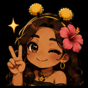 A cute girl with dark hair, a hibiscus flower, and pom-pom hair ties winks and makes a peace sign with her hand.