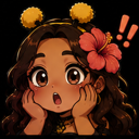 A girl with brown hair and a hibiscus flower in her hair looking shocked with her hands on her cheeks.