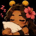 A girl with brown hair and a hibiscus flower sleeping peacefully while hugging a white pillow with Z symbols floating nearby.