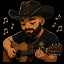 A bearded man wearing a cowboy hat plays an acoustic guitar with musical notes floating around him.