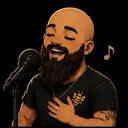 A bald man with a thick beard singing passionately into a microphone with his hand on his chest.
