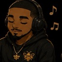 A man with closed eyes wearing headphones with musical notes floating nearby.
