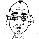 Man with glasses wearing a smug expression drawn in a simple black and white line-art style.