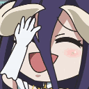Albedo from Overlord laughing with her hand near her face in a cute chibi art style.