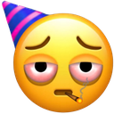 Yellow smiley face with heavy eyelids, wearing a blue and pink striped party hat and smoking a cigarette.