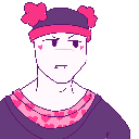 A person wearing a pink beanie and heart-patterned shirt looking sideways with a smug, skeptical expression.