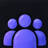 Three purple rounded figures standing together in a group against a dark background.