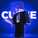 A blocky character in a dark outfit holding a glowing sword against a blue background with partial text.