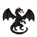 A black dragon standing and breathing a burst of purple fire in a pixel art style.