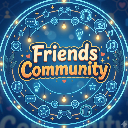 Friends Community text inside a circular blue badge decorated with various social icons and gold accents.