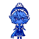 A blue chibi character with a stylish hat and outfit standing in a neutral pose.