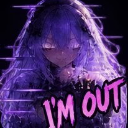 Anime girl with purple hair and a glitchy effect, accompanied by the text I'M OUT in pink letters.
