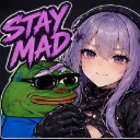 An anime girl with purple hair and a green frog wearing sunglasses pose together with the text stay mad written above them.
