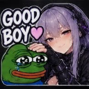 Anime girl with purple hair gently patting the head of a crying Pepe the Frog with the text Good Boy and a pink heart.