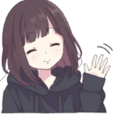 Anime girl with dark hair and a black hoodie smiling while waving her hand.