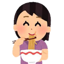 A person with a happy expression eating noodles from a bowl with chopsticks.
