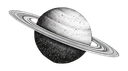 A stylized, monochromatic planet with rings, rendered in shades of black and gray.