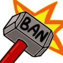 A gray cartoon hammer with the word BAN written on its head, striking against a yellow and orange impact star.