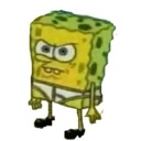 SpongeBob SquarePants looking at the viewer with a suspicious and unimpressed expression.