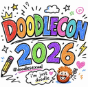 Doodlecon 2026 text logo in rainbow colors with a pencil icon and a small cartoon character face.