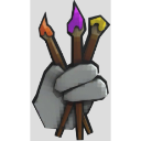 A gray hand firmly gripping three paintbrushes with orange, purple, and yellow bristles.