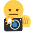 Yellow smiley face with a smug expression holding a black camera with a bright flash.