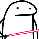 A simple white doodle character with a blank expression holding a glowing red lightsaber.