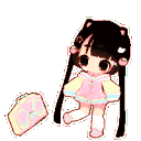 A chibi anime girl with long black hair and a pastel outfit dances while holding a small boombox.