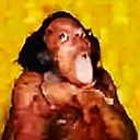 A person with a highly distorted, deep-fried face and wide eyes looking up in extreme confusion.
