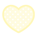 Yellow heart with a white polka dot pattern in a pixel art style.