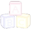 Three stacked toy blocks featuring the letters A, B, and C in a simple pixel art style.