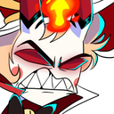 A stylized character with a flaming crown gritting their teeth in a furious, angry expression.
