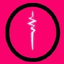 A stylized white sound wave pulse inside a black circle on a bright pink background.