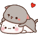 A grey cat playfully pounces on a white cat with a small red heart floating above them.