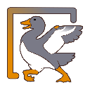 A pixelated gray goose with orange feet and beak struts sideways with its wing extended.