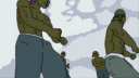 Green masked figures perform a synchronized dance move in a repeating animation.