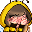 A character wearing a yellow and black striped hoodie covering their face with their hands while blushing.