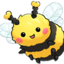 A fuzzy, round yellow and black bee with rosy cheeks and a happy smile.