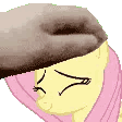 A hand repeatedly petting the head of a yellow pony character with pink hair.