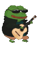 Pepe the Frog wearing sunglasses and playing an acoustic guitar.