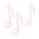 Musical notes in light pink floating against a black background.