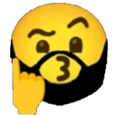 Yellow face with a thick black beard holding up an index finger in a shushing gesture.