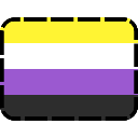 Non-binary pride flag with yellow, white, purple, and black horizontal stripes.