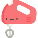 Hand mixer with a happy face and pink casing.