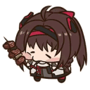A chibi anime girl with dark hair happily chewing on a meat skewer.