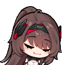 An anime girl with brown hair and a black headband sways side to side with a smug, closed-eye smile.