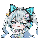 Anime girl with blue hair and glowing cat-ear headphones giggling playfully.